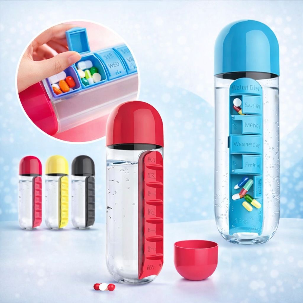 7-Day Water Bottle Pill Organizer – Hydration & Health Combined